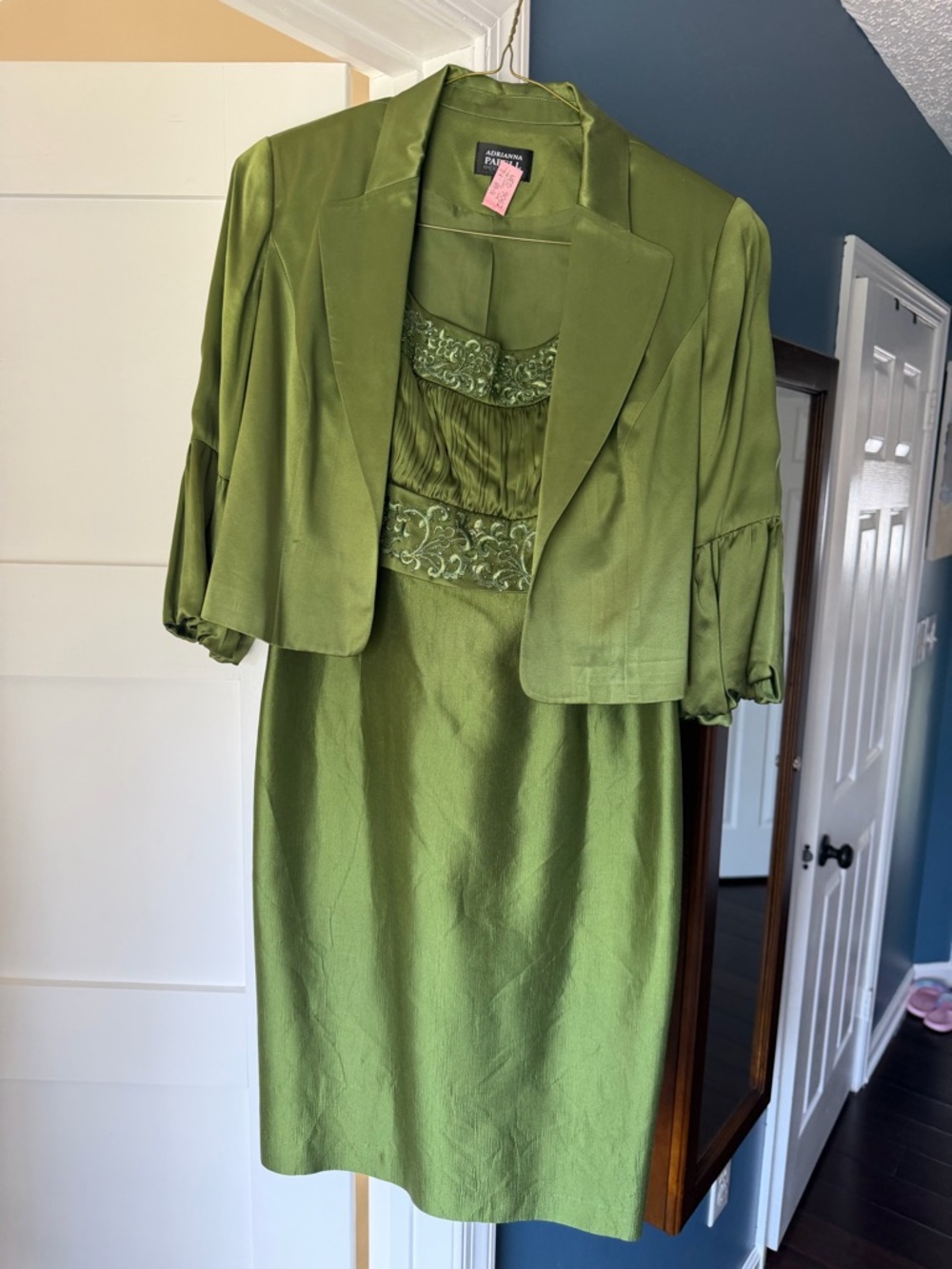 Adrianna Papell Olive Green Embellished Top & Dress Set